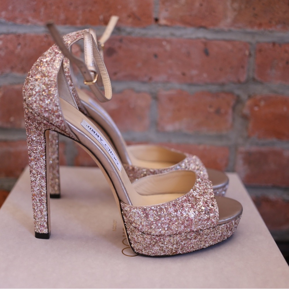 Jimmy Choo Pattie 130 Rosewood Mix Glitter Peep-Toe Heels